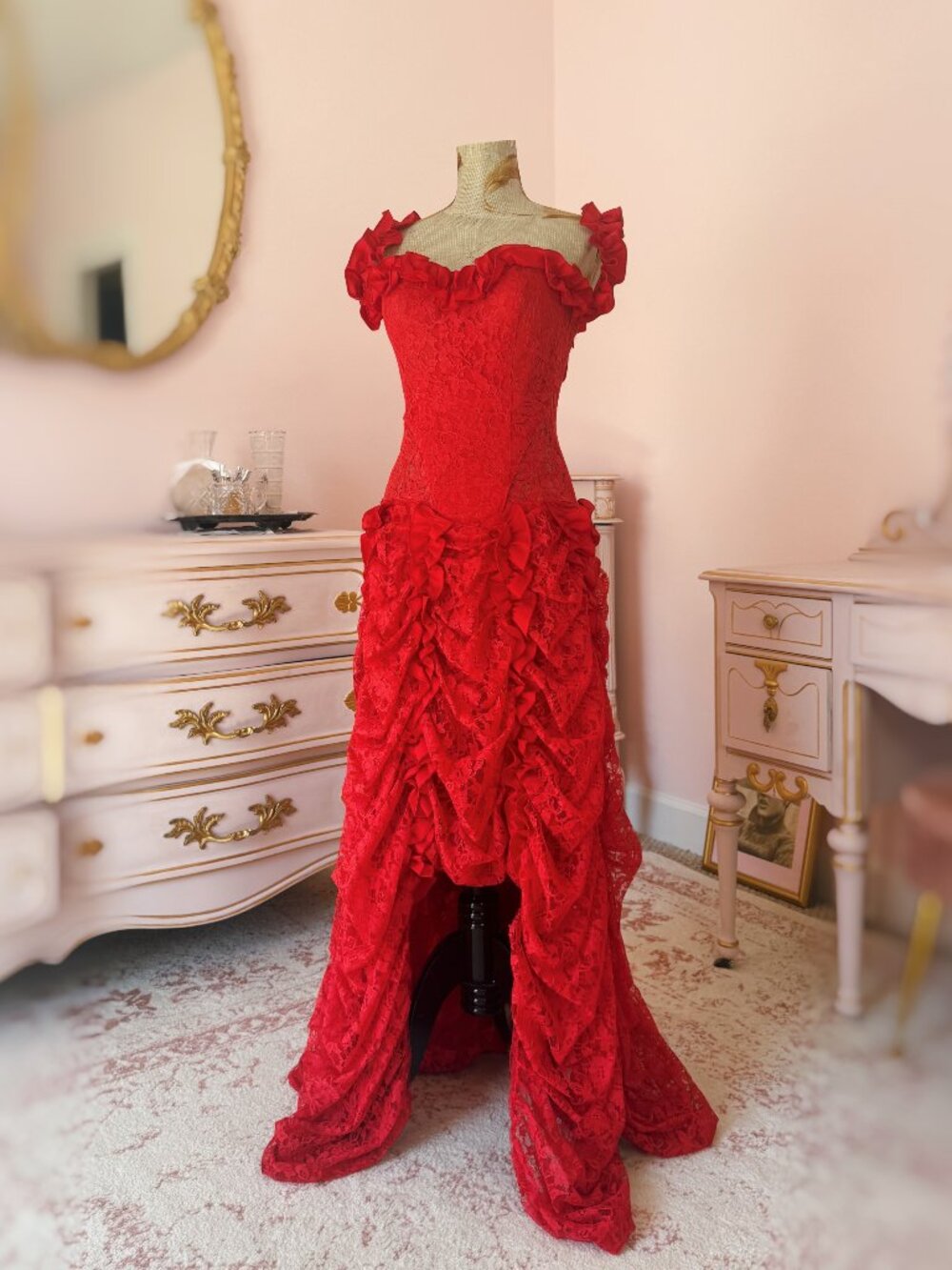 Vintage Red Lace Basque Waist Corset Dress Southern Belle Victorian Ballgown